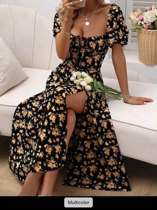 SHEIN Dresses & Skirts - SHEIN Floral Puff Sleeve Maxi Dress with Side Slit - XL - Like New
